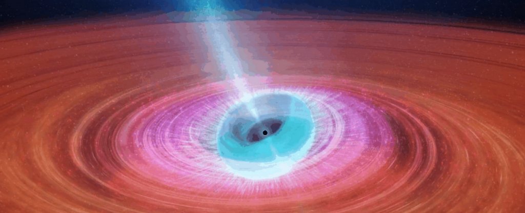 Черная дыра поглощает пространство-время, испуская мощные струи плазмы