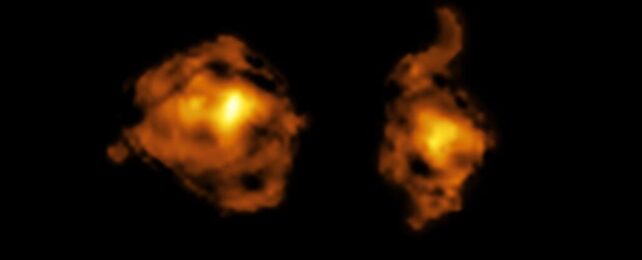 The two galaxies engaged in the cosmic joust, imaged using radio telescope ALMA. Галактика излучалась из радиации Черной дыры в первом в истории «Космическая Жуст»