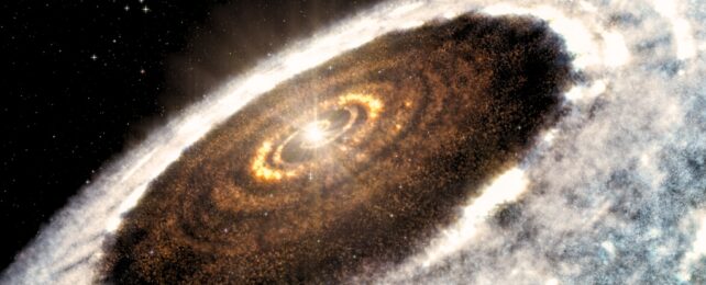 This artist’s impression of the water snowline around the young star V883 Orionis, as detected with ALMA. Строительные блоки жизни обнаружили, что кружит детская звезда