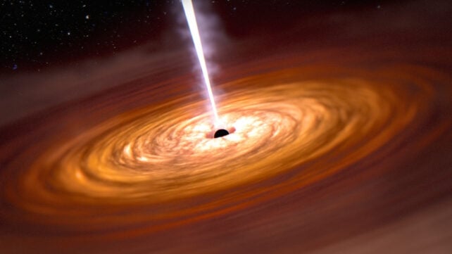 An illustration of a quasar, powered by an accretion disk of gas and dust swirling into a central supermassive black hole. Самый ранний из когда-либо замеченных мерцающих квазаров может объяснить чудовищные черные дыры